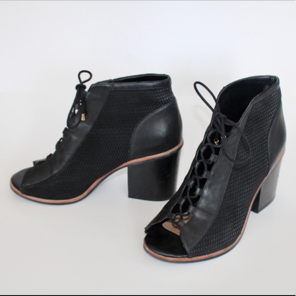 Lace Up Block Heel Black Leather Booties - Picture 2 of 6